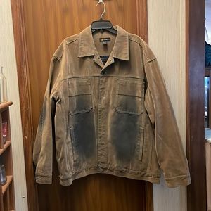 Men's GODBODY TECHNOLOGY brown denim distressed jacket. Size XXL
